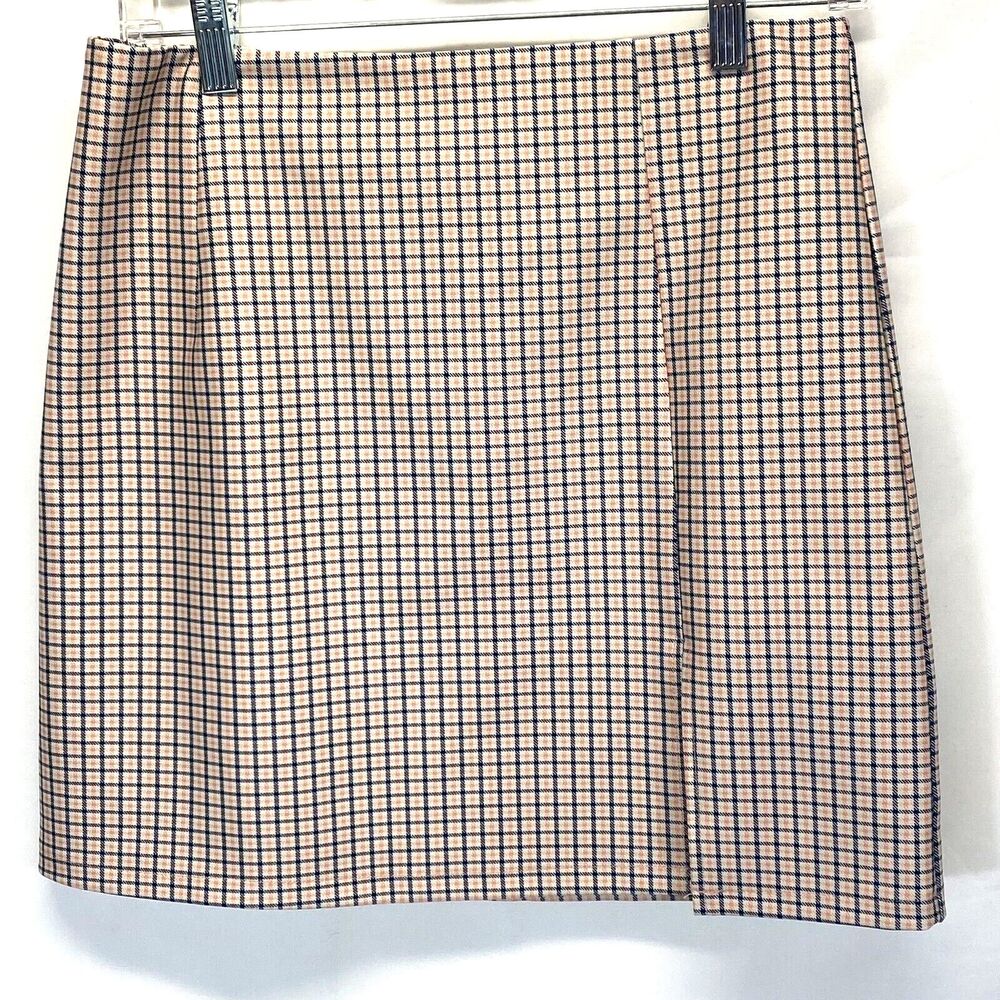 French Kiss Mini Skirt Large Pink Check Straight Front Slit Zip Close RN149044